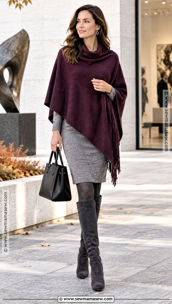 Plum Poncho With Gray Dress And Boots - 15 autumn color poncho ideas