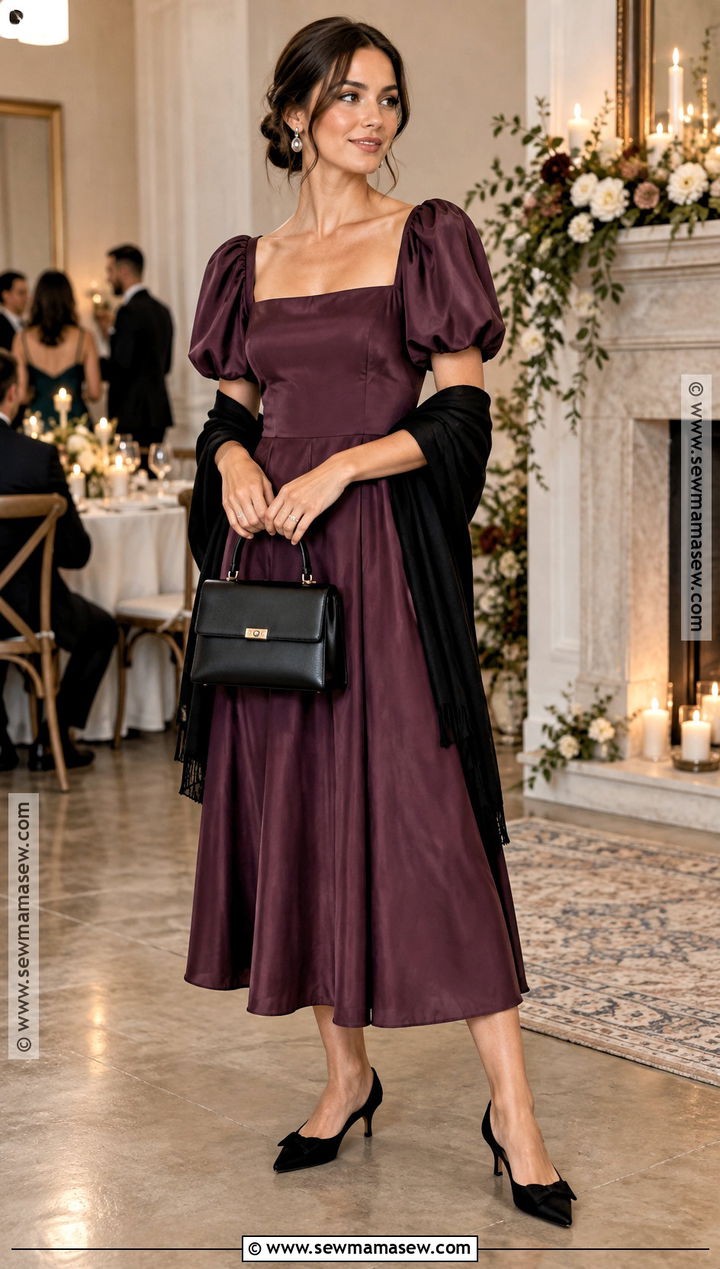 Plum Puff Sleeve Dress Fall Wedding Guest Outfit - 20 fall wedding guest outfit casual ideas