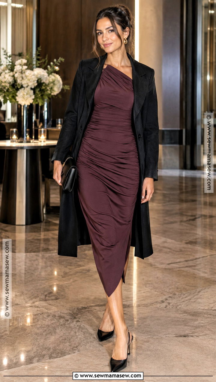 Plum Ruched Midi October Wedding Outfit - 15 october wedding attire ideas