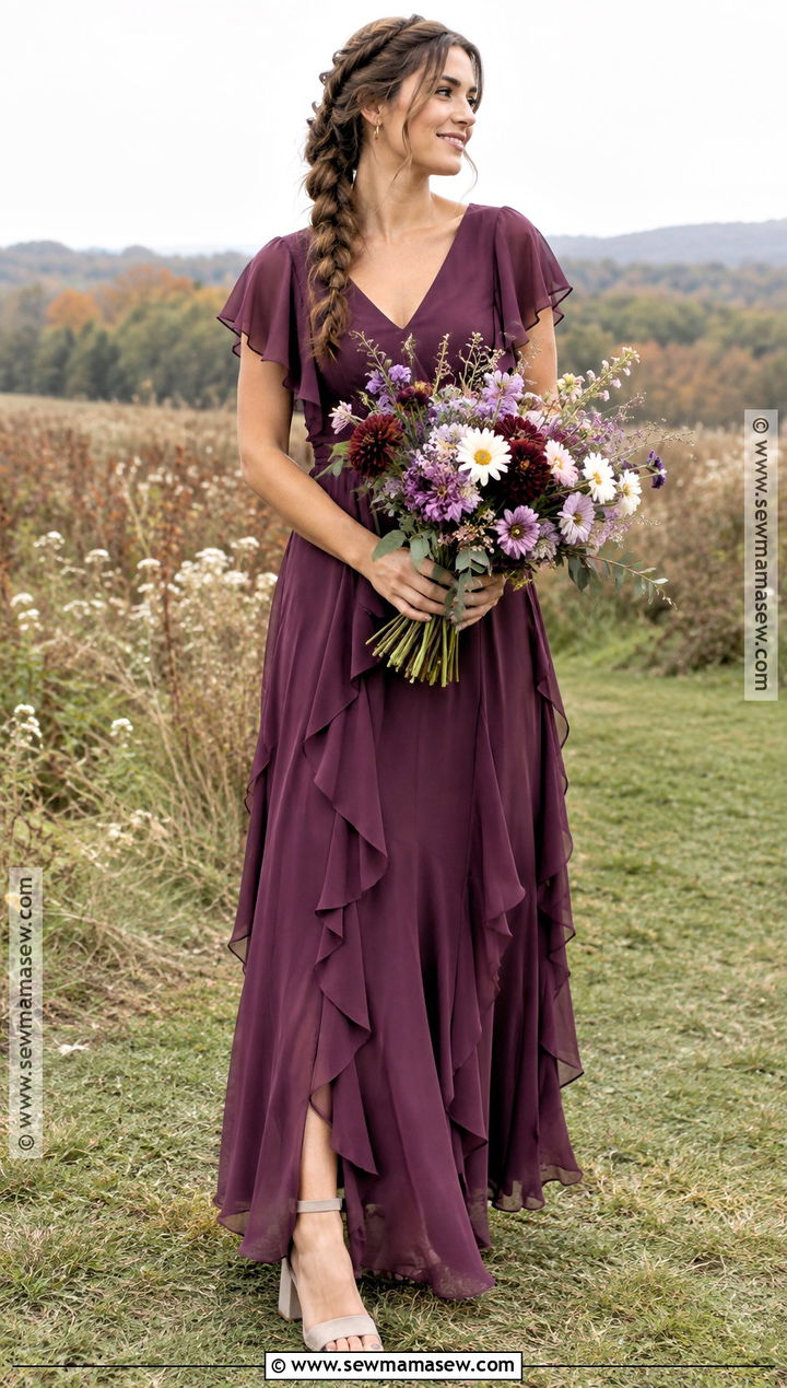 Plum Ruffle Bridesmaid Dress With Wildflower Bouquet - 15 plum bridesmaid dresses fall deep purple wedding bouquets
