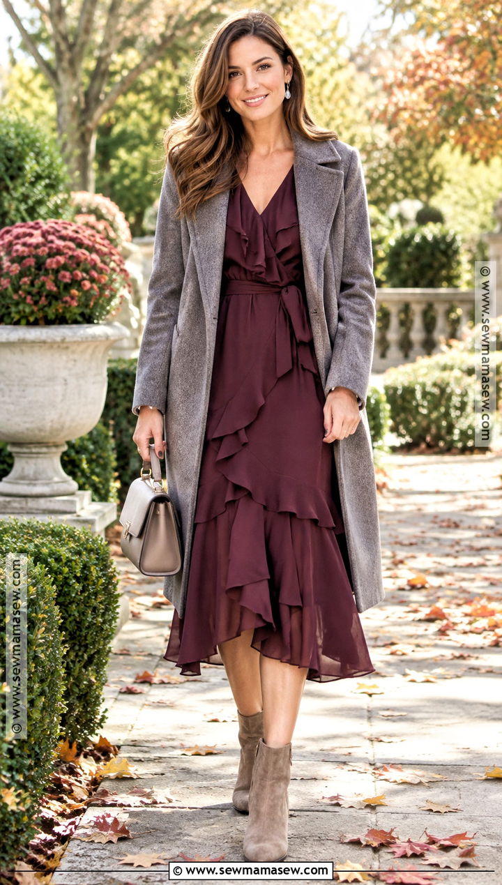 Plum Ruffled Midi Fall Dress - 15 fall dresses elegant