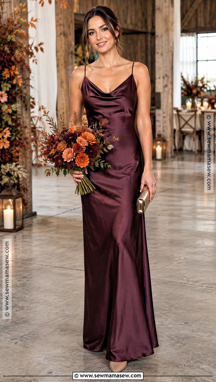 Plum Satin Bridesmaid Dress With Rust Orange Bouquet - 15 plum bridesmaid dresses fall deep purple wedding bouquets