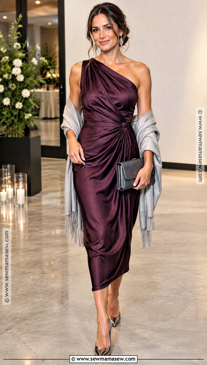 Plum Satin Draped Midi Dress Outfit - 20 fall cocktail wedding guest dress ideas
