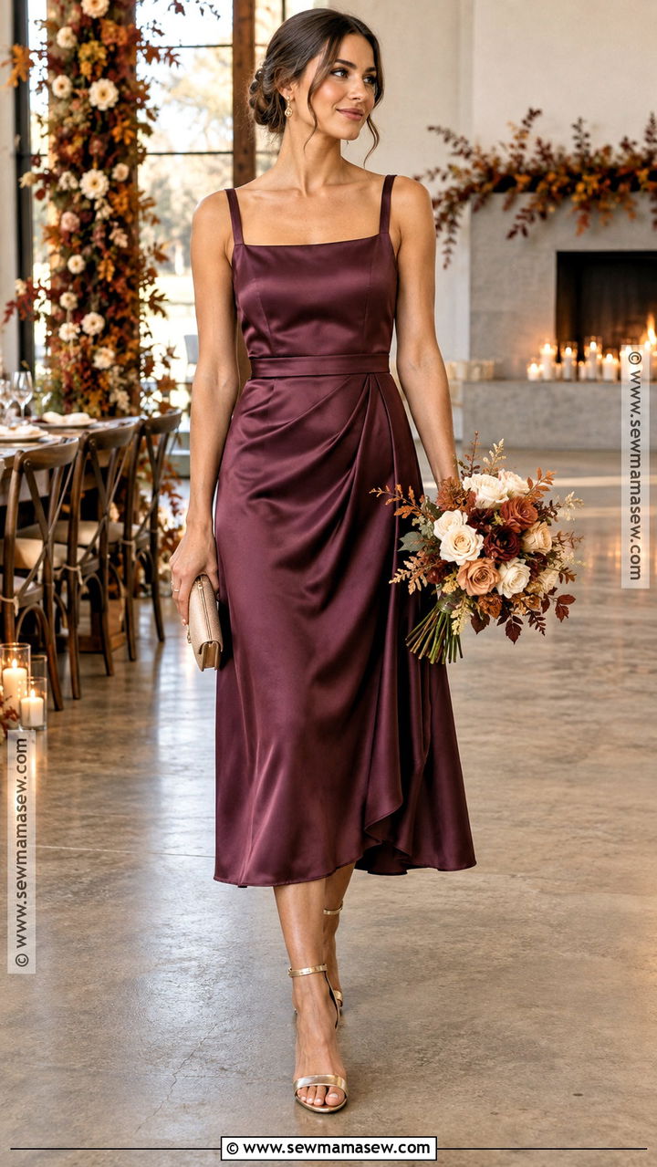 Plum Satin Midi Bridesmaid Dress - 20 plum bridesmaid dresses fall