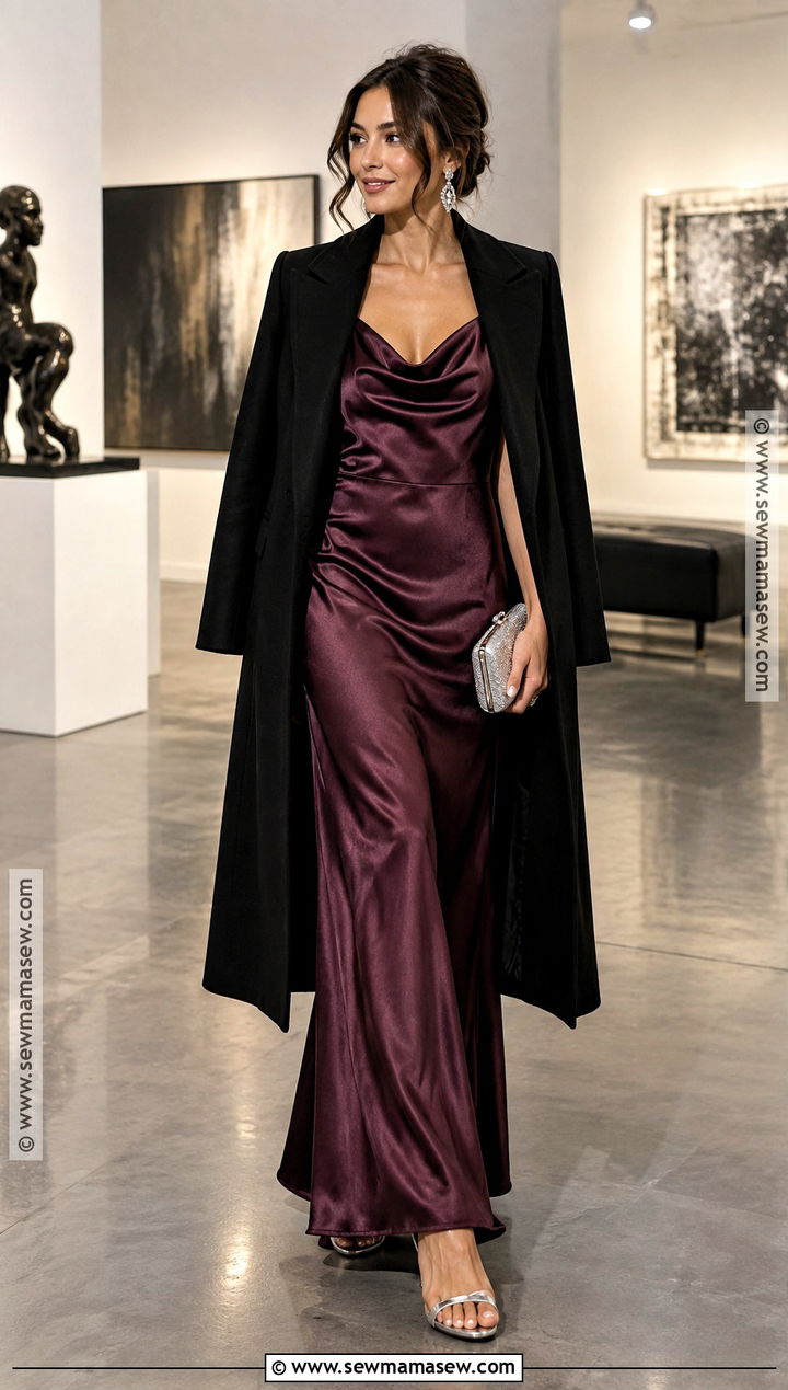 Plum Satin November Birthday Maxi Dress With Metallic Heels - 25 november birthday outfit ideas