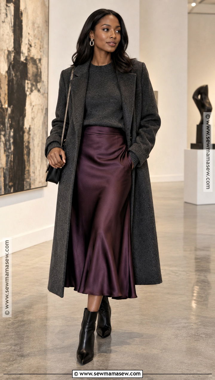 Plum Satin Skirt And Charcoal Sweater Fall Outfit - 15 Fall Colors Outfits for Black Women