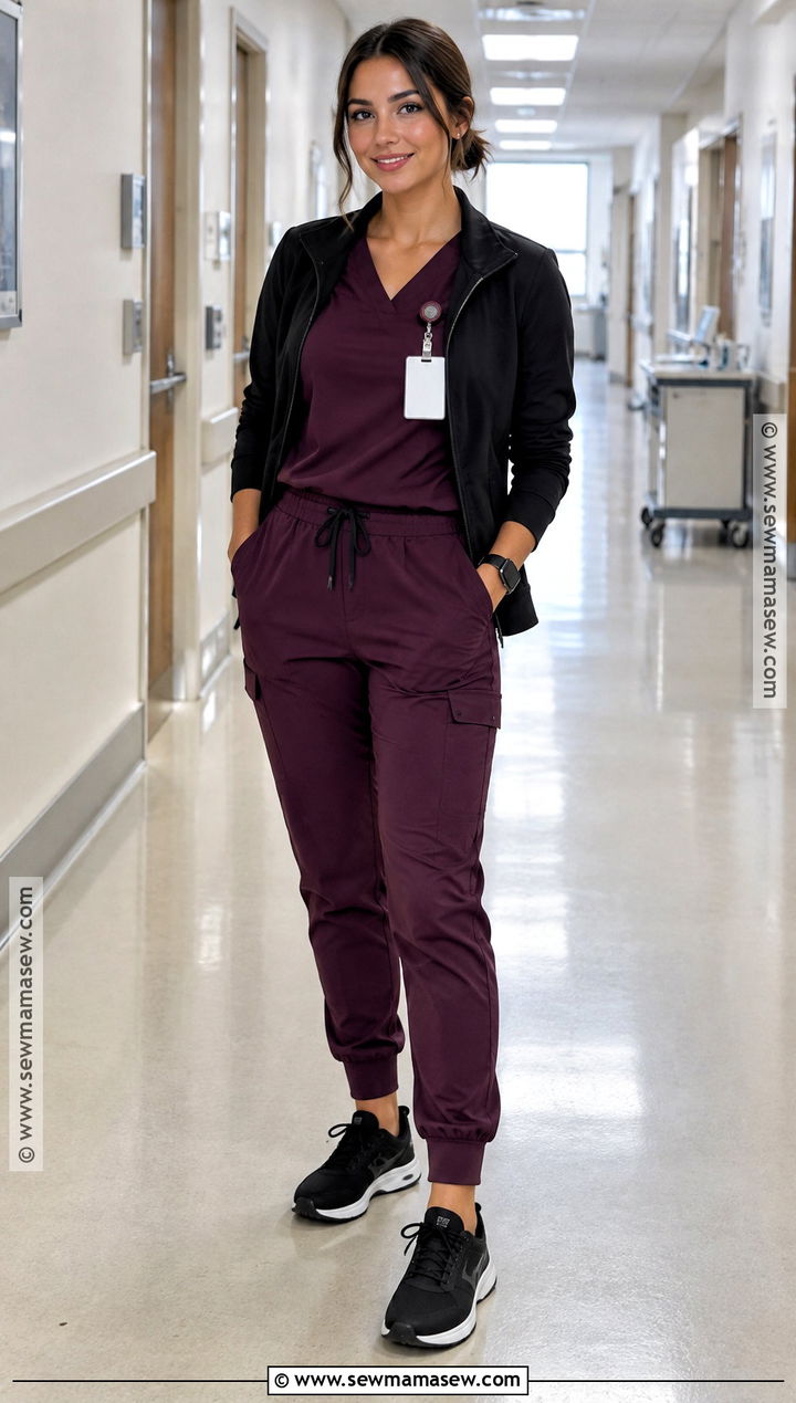Plum Scrub Set With Black Warm Up Jacket - 20 Fall Scrub Outfits