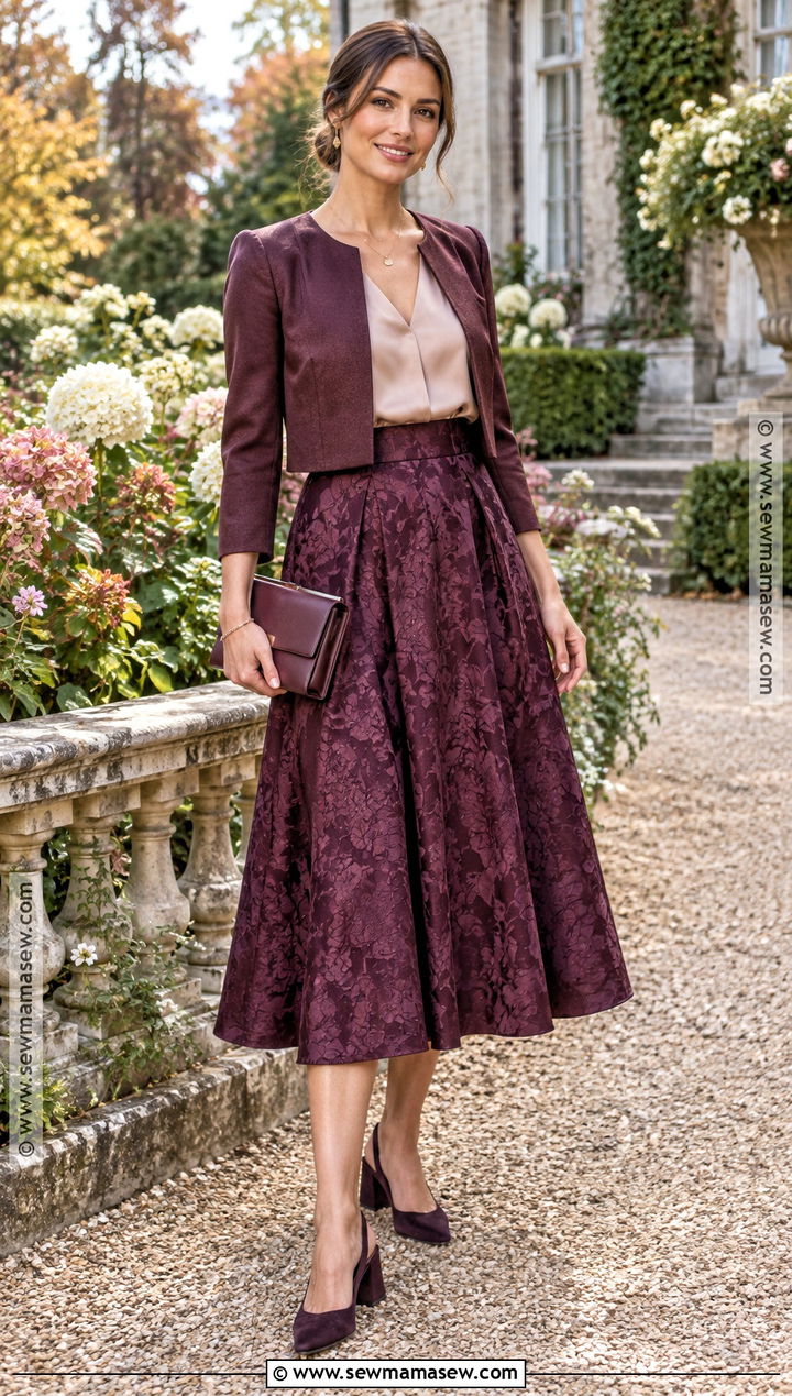 Plum Skirt And Silk Blouse Outfit - 20 fall garden party wedding outfit guest ideas