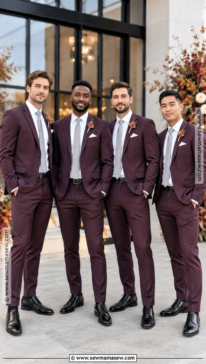 Plum Suit And Gray Tie Groomsmen Attire - 25 fall wedding groomsmen attire ideas