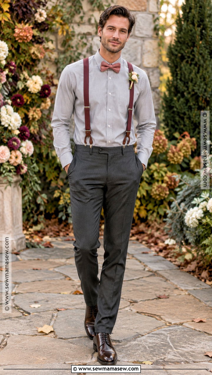 Plum Suspenders And Dusty Rose Bow Tie Outfit - 15 Fall Wedding Suspenders Bow Ties Ideas