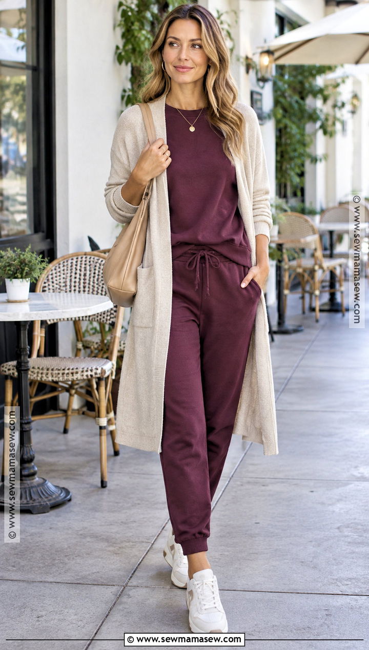 Plum Sweat Suit With Long Cardigan - 15 fall sweat suit outfits