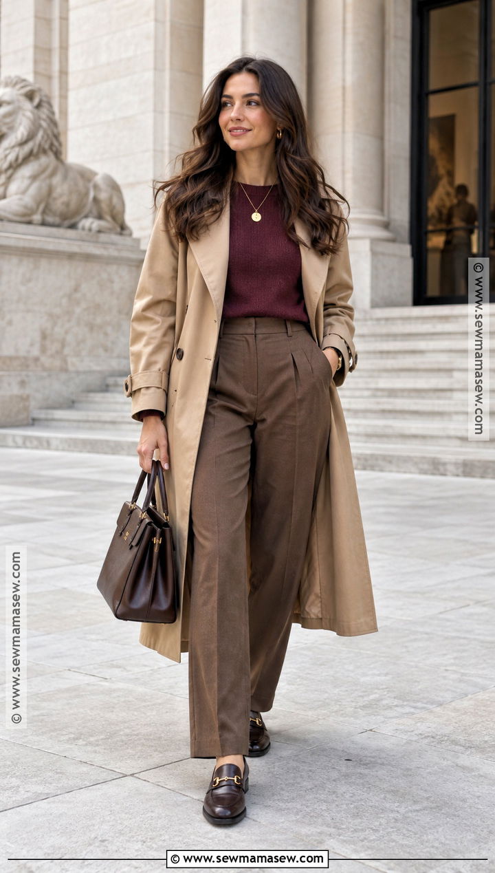 Plum Sweater And Mocha Trouser Autumn Outfit - 20 autumn color palette fashion outfit ideas