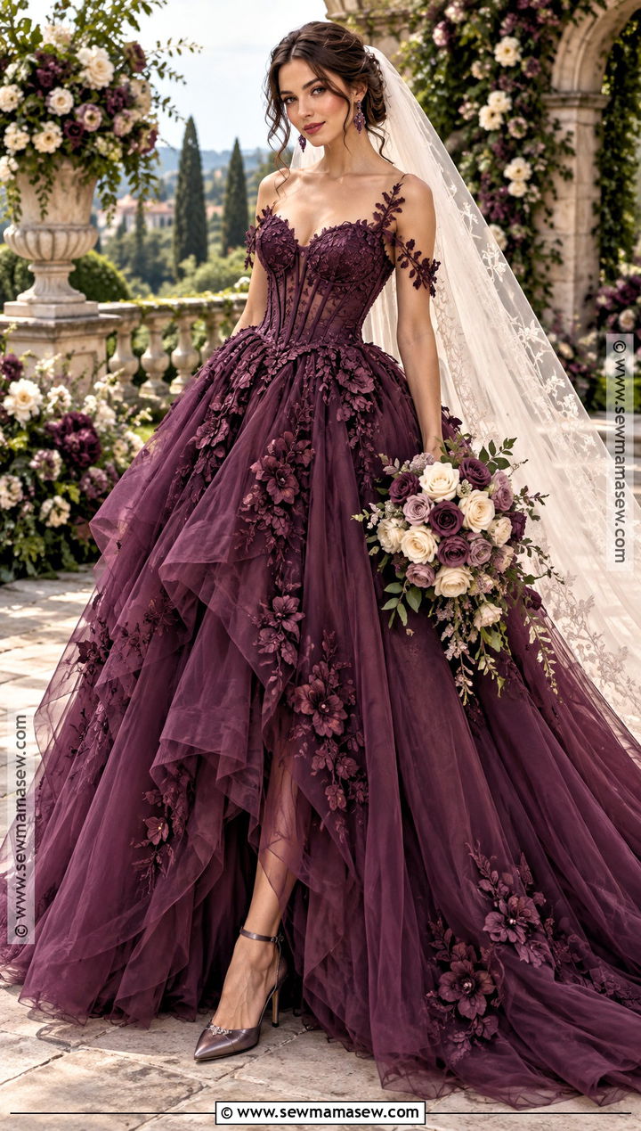 Plum Tulle Fall Wedding Dress - 20 fall color wedding dress ideas
