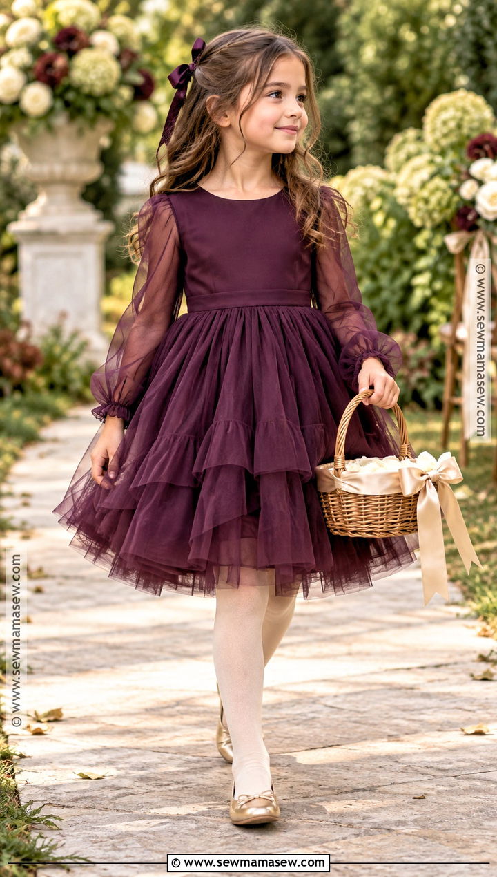 Plum Tulle Long Sleeve Flower Girl Dress - 20 Fall Wedding Flower Girl Dresses
