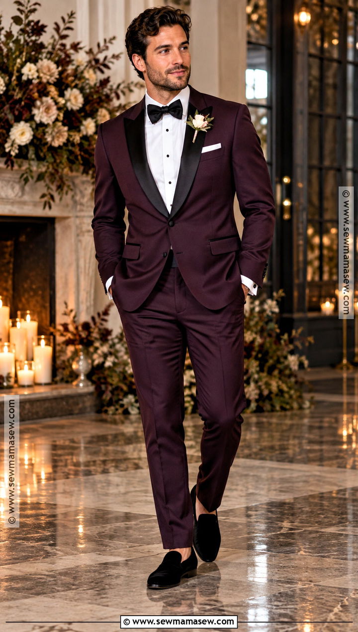 Plum Tuxedo Groom Outfit - 15 fall wedding attire for groom ideas