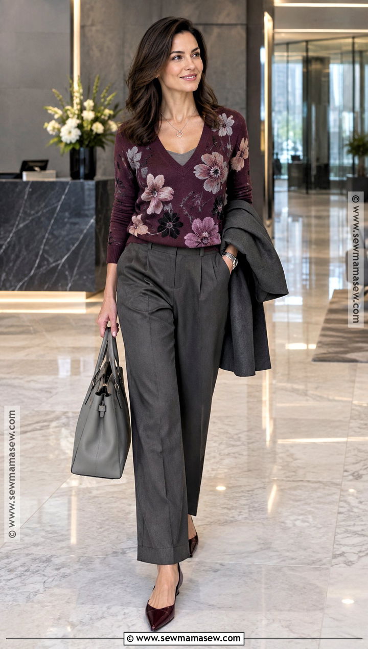 Plum V Neck Floral Sweater Outfit - 15 autumn floral sweater design ideas