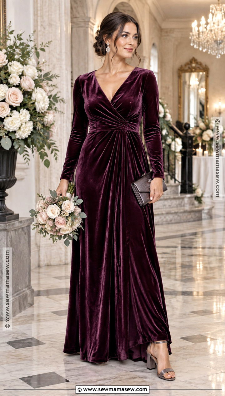 Plum Velvet Bridesmaid Dress With Sleeves - 15 Fall Themed Bridesmaid Dresses