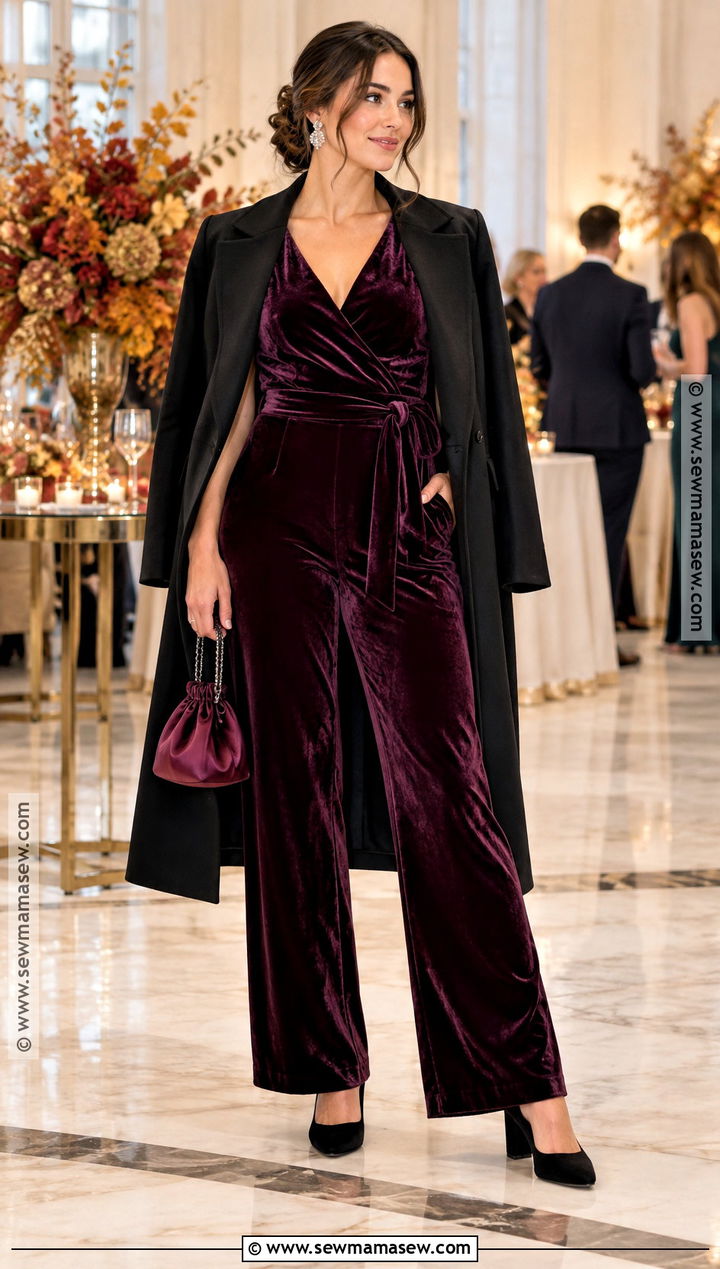 Plum Velvet Jumpsuit Fall Party Outfit - 20 party outfit fall ideas