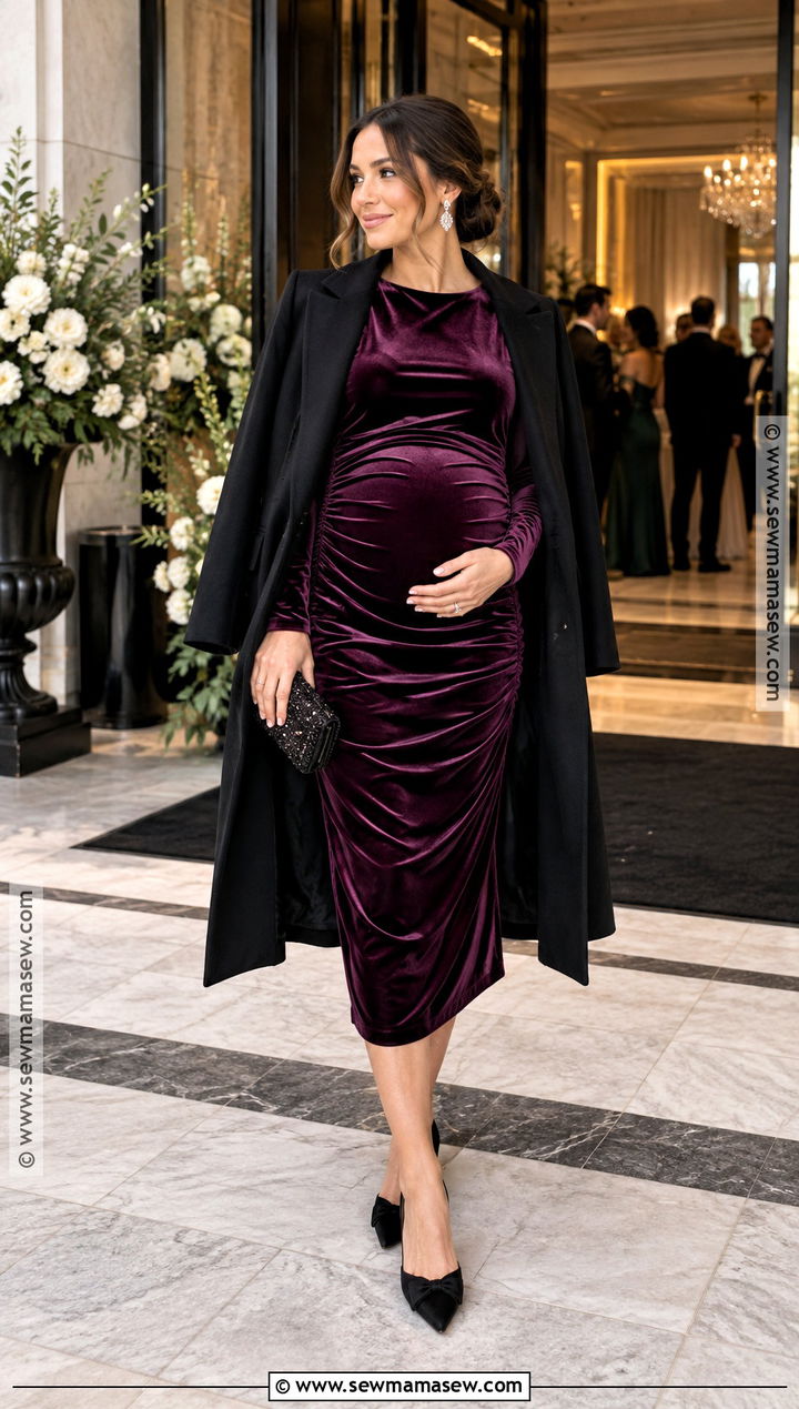 Plum Velvet Maternity Dress With Flats - 15 pregnant fall wedding guest outfit ideas