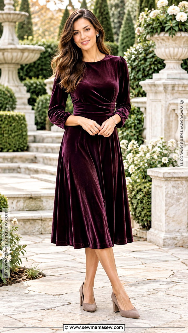 Plum Velvet Midi Dress And Taupe Heels For Fall Family Photos - 20 Fall Dress For Family Photos Ideas