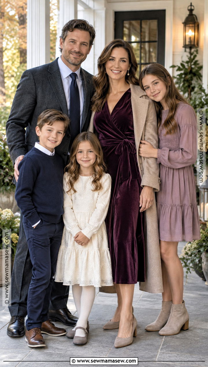 Plum Velvet Midi Dress With Low Heels - 15 fall family picture dress ideas
