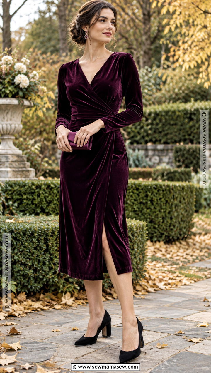 Plum Velvet Midi Dress - 20 fall garden wedding guest dress ideas
