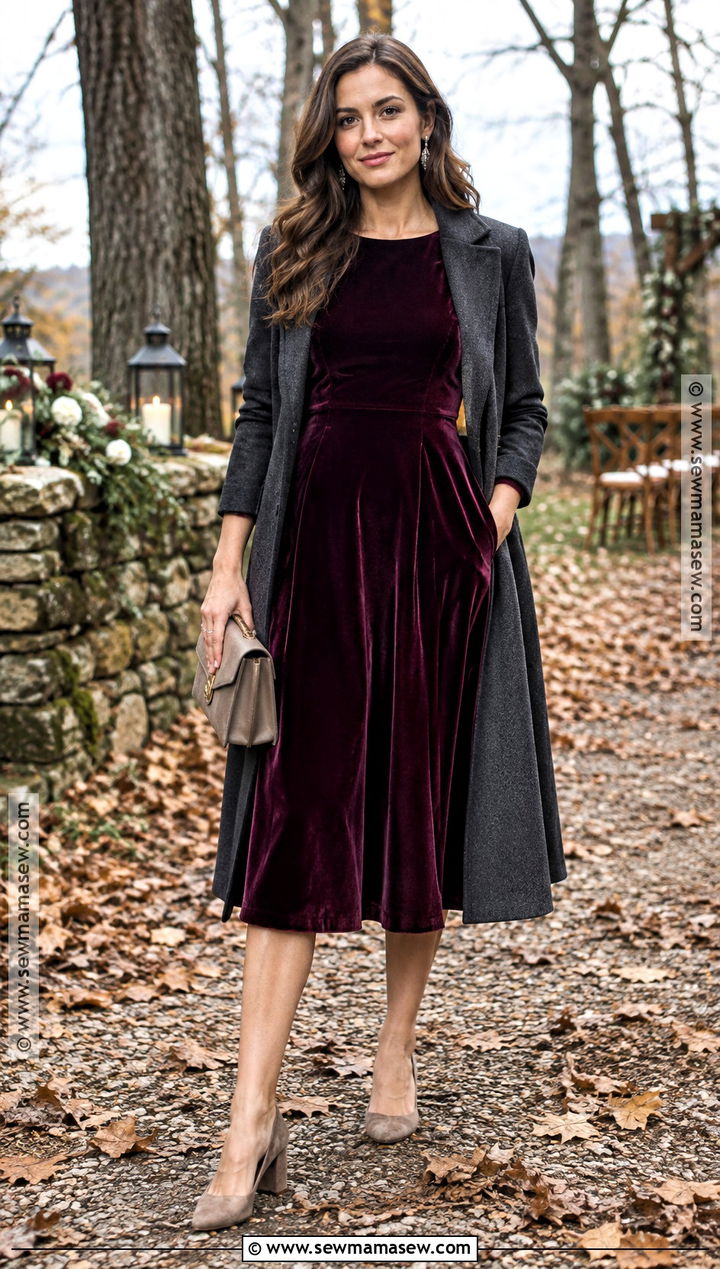 Plum Velvet Midi Fall Wedding Guest Outfit - 15 Fall Wedding Guest Dress Casual Outdoor Ideas