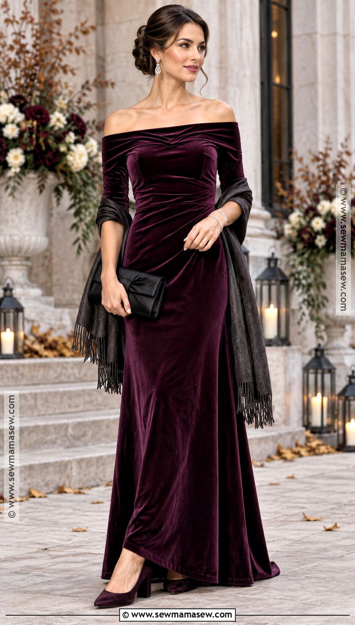 Plum Velvet Off Shoulder Bridesmaid Dress - 15 fall wedding dress bridesmaid ideas