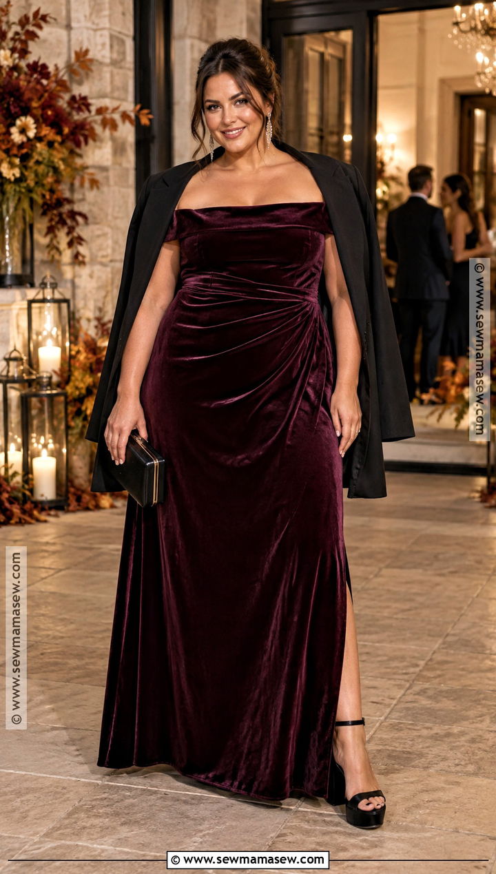 Plum Velvet Off Shoulder Maxi Dress - 15 october wedding guest dress ideas for plus size
