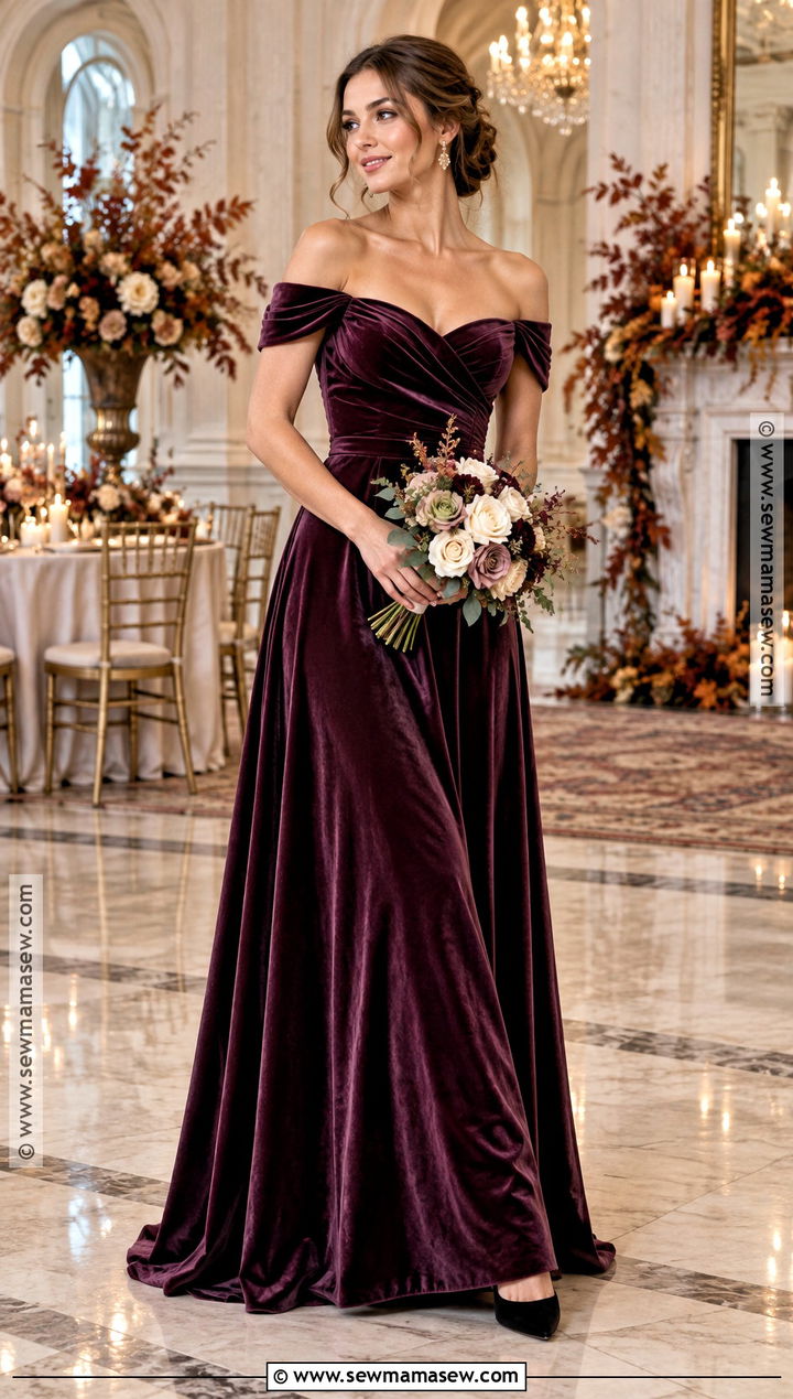 Plum Velvet Off the Shoulder Bridesmaid Dress - 20 bridesmaid dresses autumn
