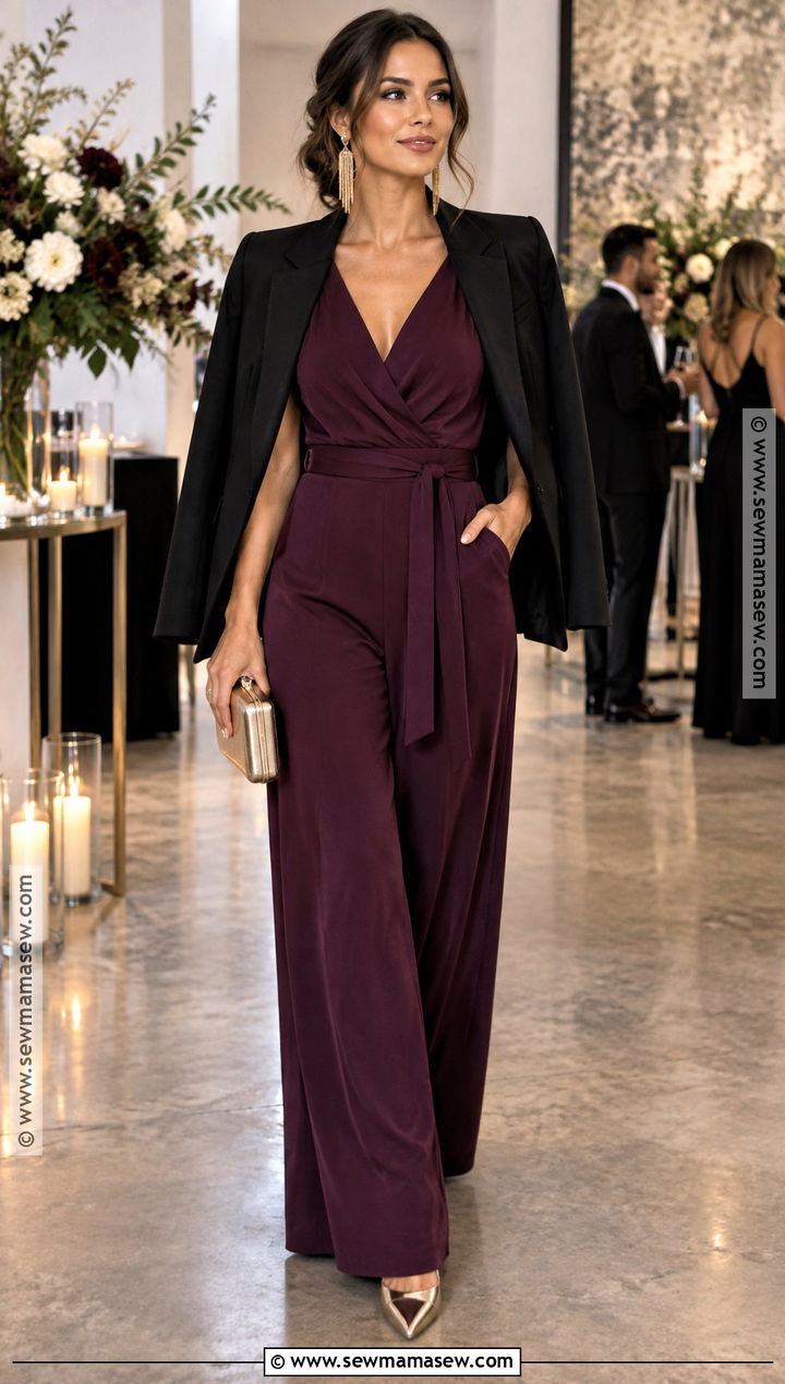 Plum Wide Leg Jumpsuit Fall Wedding Guest Outfit - 15 outfits for fall wedding guest