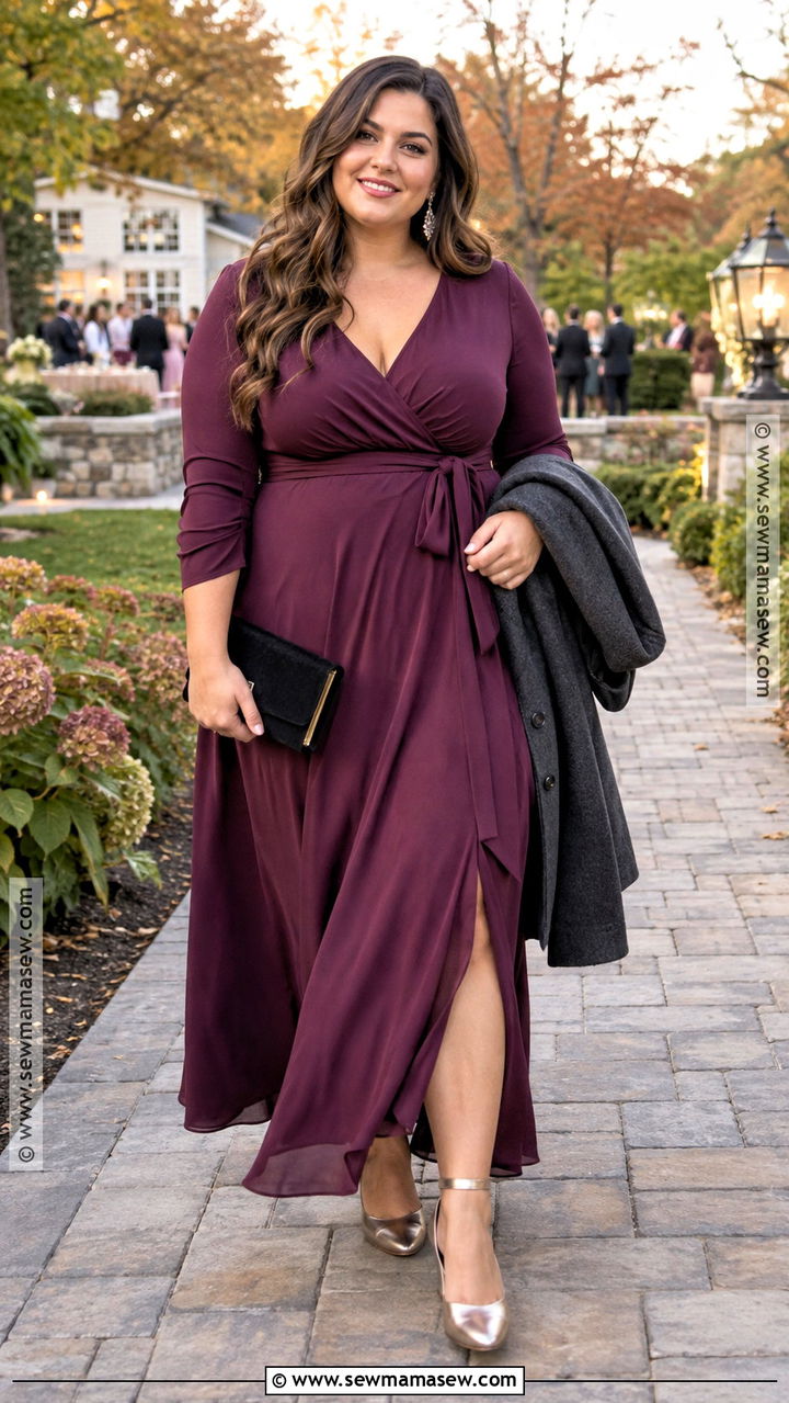 Plum Wrap Maxi Dress Fall Wedding Outfit - 20 fall outdoor wedding outfit guest ideas