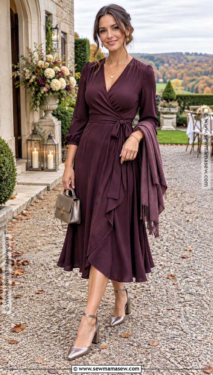 Plum Wrap Midi Dress Outfit - 15 dresses for fall wedding