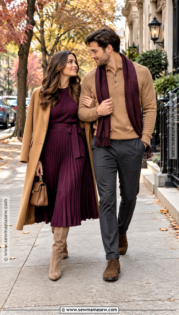 Plum and Camel Fall Couple Photo Outfits - 15 Fall Couple Photo Outfits Color Combos