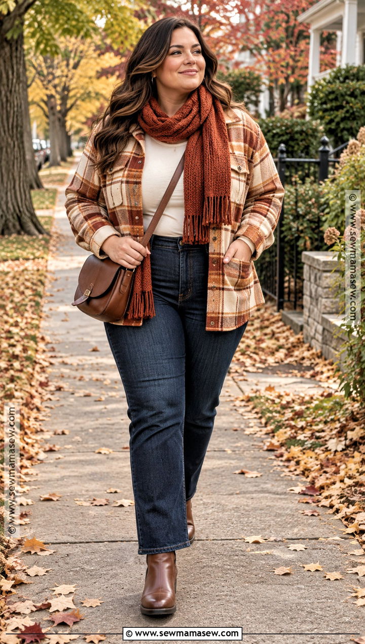 Plus Size Autumn Dark Jeans And Plaid Shacket Outfit - 15 Autumn Style Ideas for Plus Size