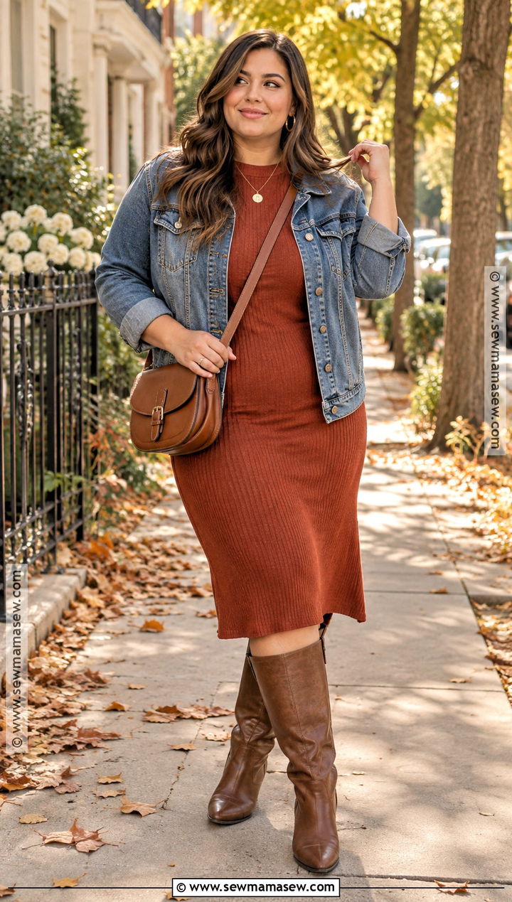 Plus Size Autumn Denim Jacket And Sweater Dress Outfit - 25 plus size autumn outfits