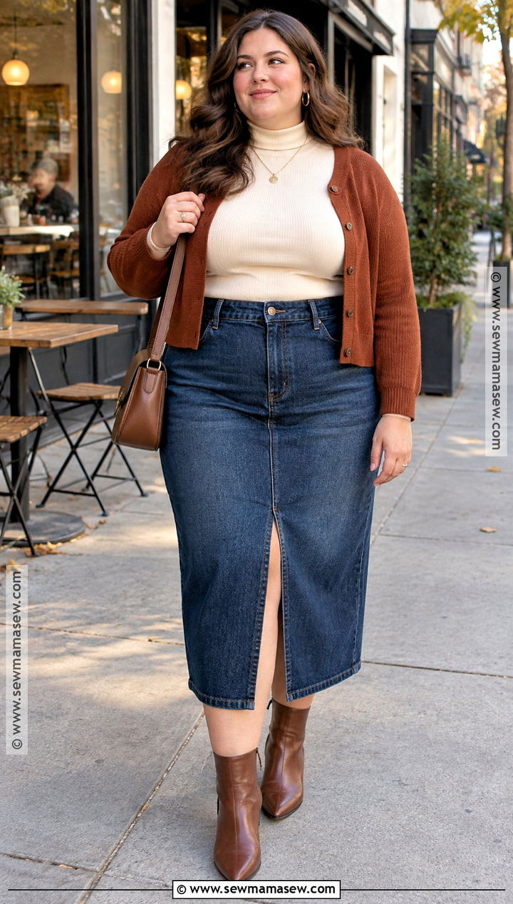 Plus Size Autumn Denim Skirt Outfit - 25 autumn plus size outfits