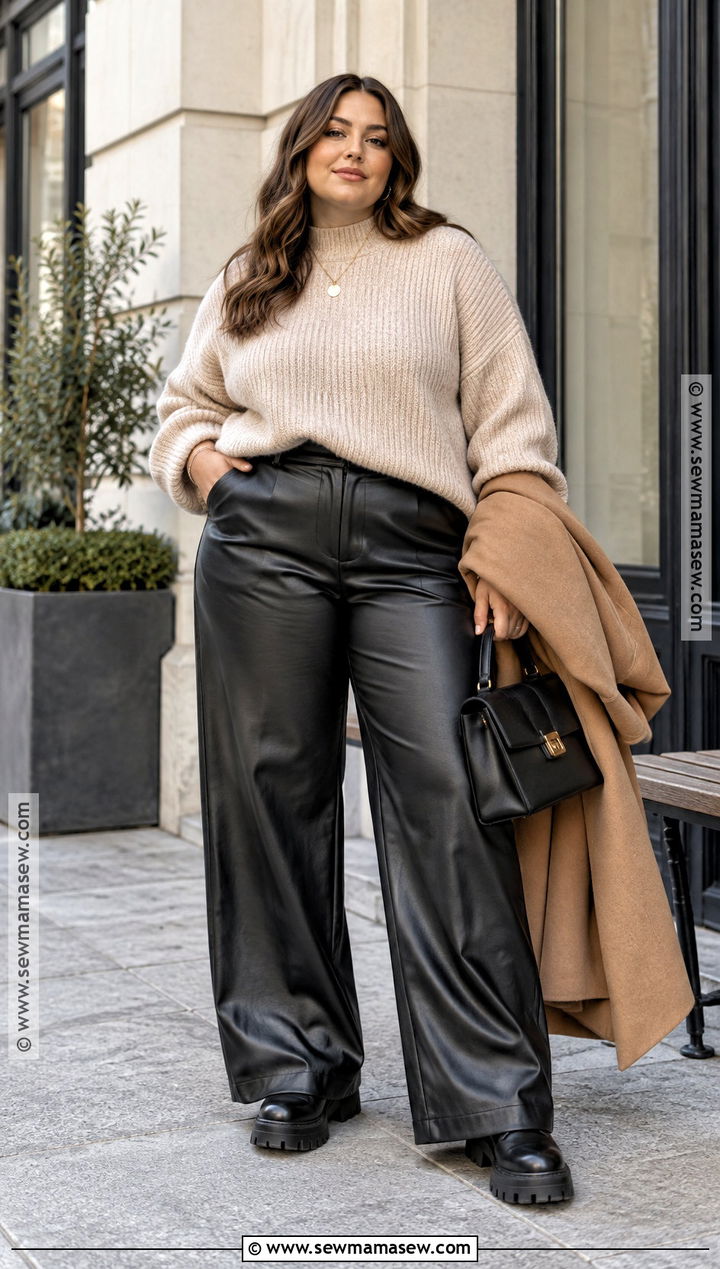 Plus Size Autumn Faux Leather Pants And Oversized Knit Outfit - 25 plus size autumn outfits