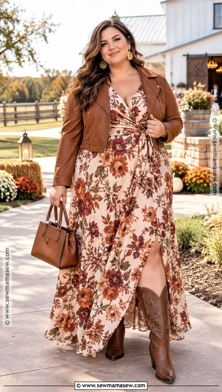 Plus Size Autumn Floral Maxi Dress Wedding Guest Outfit - 15 country fall wedding outfit guest ideas