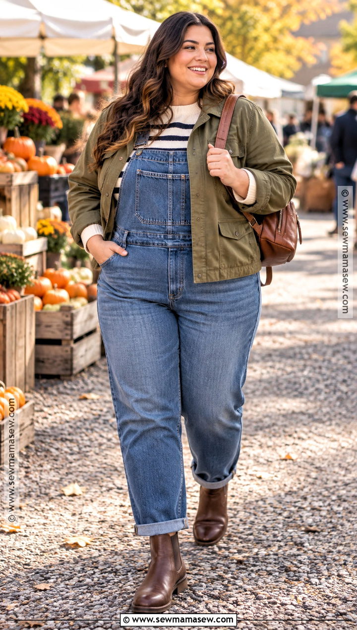 Plus Size Autumn Overalls And Striped Sweater Outfit - 15 Autumn Style Ideas for Plus Size