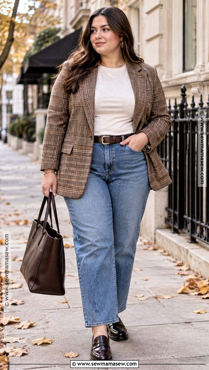 Plus Size Autumn Plaid Blazer And Straight Leg Jeans Outfit - 25 plus size autumn outfits