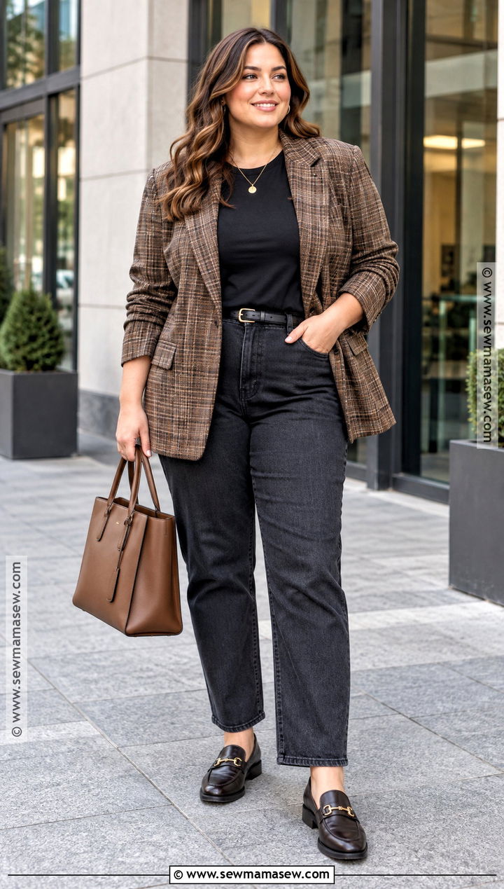 Plus Size Autumn Plaid Blazer Outfit - 25 autumn plus size outfits