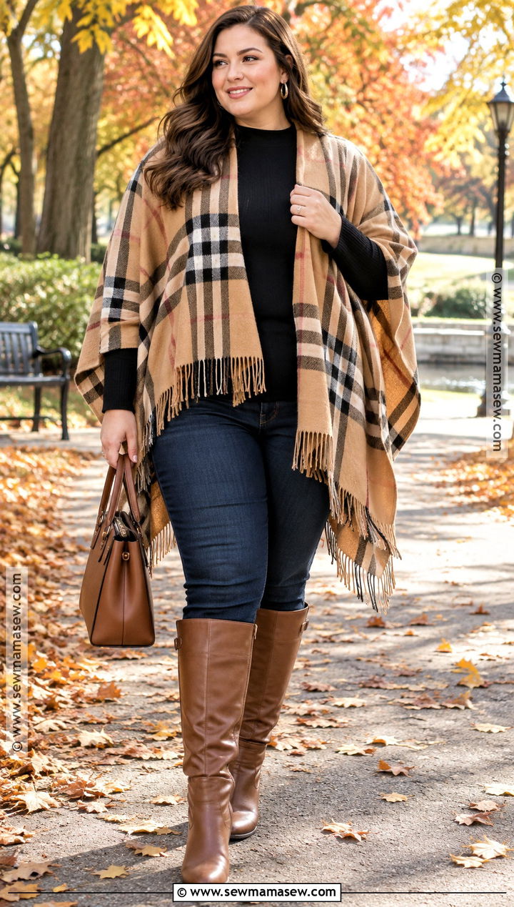 Plus Size Autumn Poncho And Skinny Jeans Outfit - 25 plus size autumn outfits