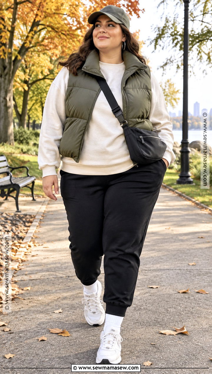 Plus Size Autumn Puffer Vest And Joggers Outfit - 25 plus size autumn outfits