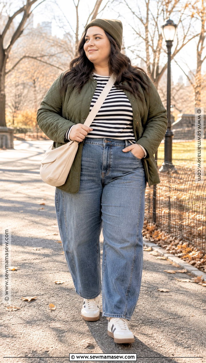 Plus Size Autumn Quilted Jacket And Barrel Jeans Outfit - 25 plus size autumn outfits