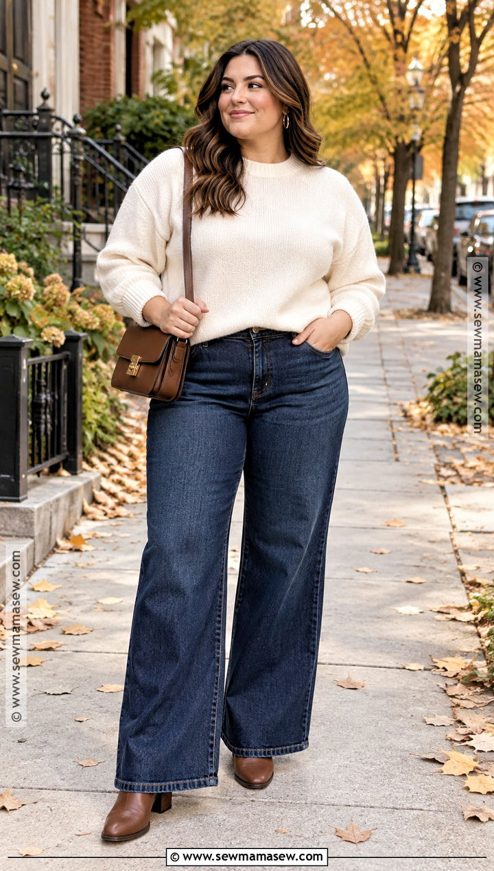 Plus Size Autumn Sweater And Wide Leg Jeans Outfit - 25 plus size autumn outfits