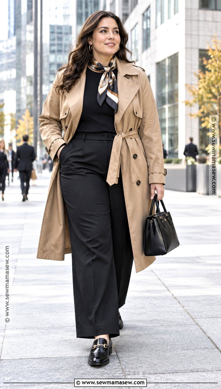 Plus Size Autumn Trench Coat And Black Trousers Outfit - 25 plus size autumn outfits