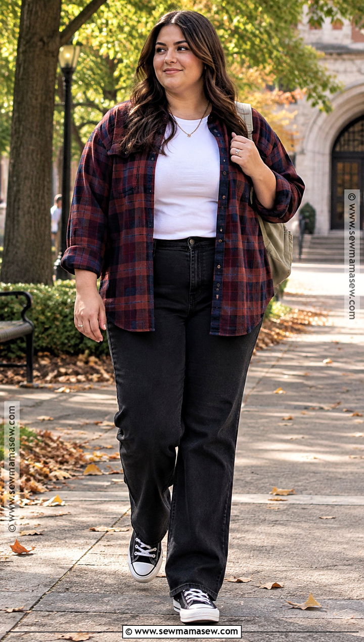 Plus Size Back To School Flannel And Black Jeans Outfit - 15 plus size outfits back to school