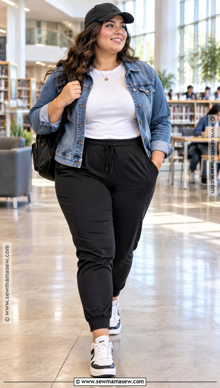 Plus Size Back To School Joggers And Denim Jacket Outfit - 15 plus size outfits back to school