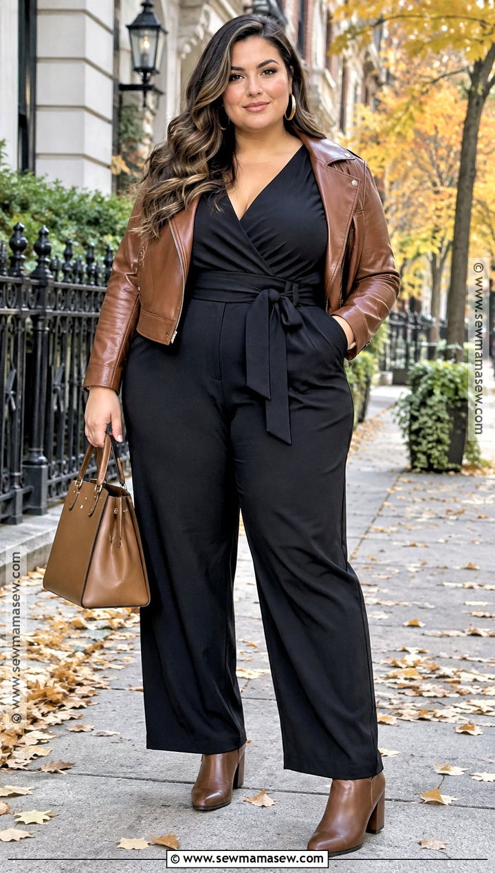 Plus Size Belted Jumpsuit With Jacket - 20 fall jumpsuit outfit ideas